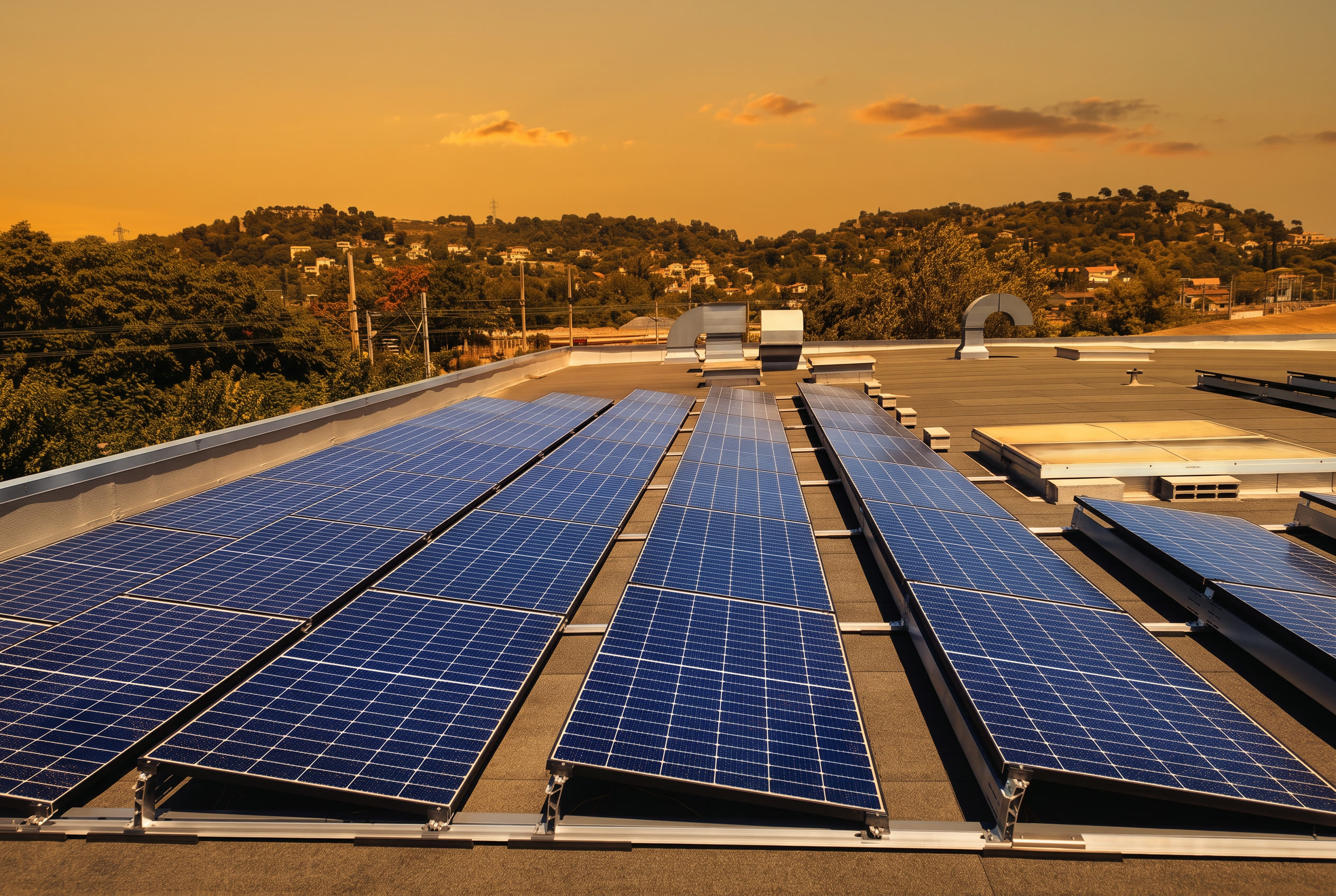 Toiture industrielle équipée d'une centrale solaire WATAFRIKA au coucher du soleil