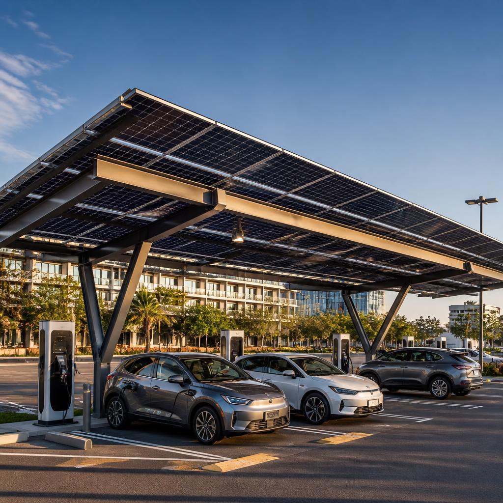 Ombrière photovoltaïque avec bornes de recharge véhicule électrique